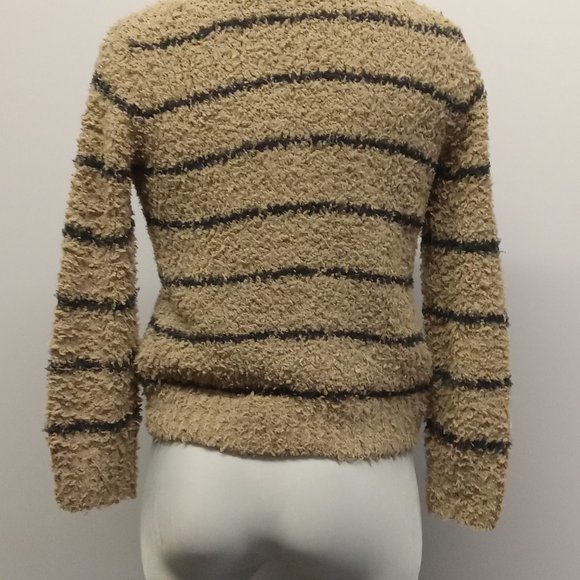 VINCE Cropped Sweater cotton linen crew neck gold brown teddy stripe EUC sz XS - Picture 2 of 5